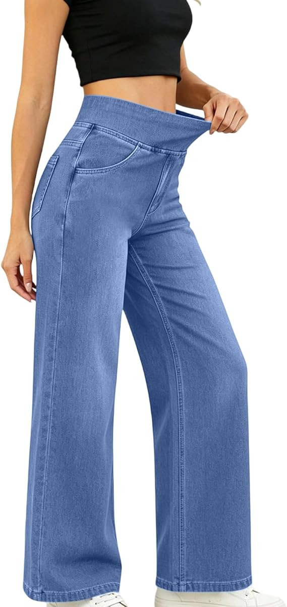 Women's Summer High Waisted Stretch Loose Fit Wide Leg Jeans Elastic Waist Denim Pants Straight Leg Trousers
