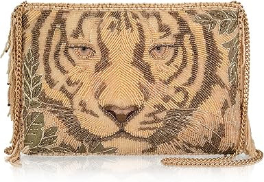 Mary Frances Savage Crossbody Handbag – Removable Chain Strap, Zipper Closure, Back & Inside Slit Pockets, Bold Tiger Motif, Fashionable Beige Purse