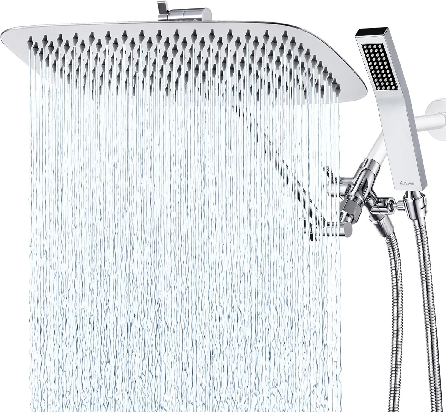 G-Promise All Metal 16 Inch Dual Square Shower Head with Handheld Spray Combo, Rain Shower Head, Adjustable Extension Arm, 3-Way Diverter, 71 Inch Extra Long Hose - A Bathroom Upgrade (Chrome)